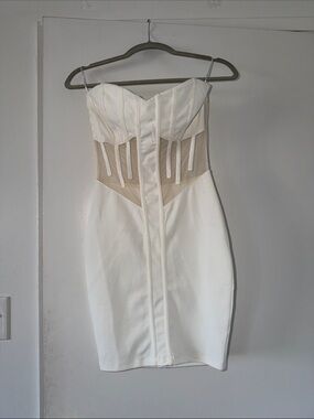 White Strapless Mesh-Panel Bodycon Dress
